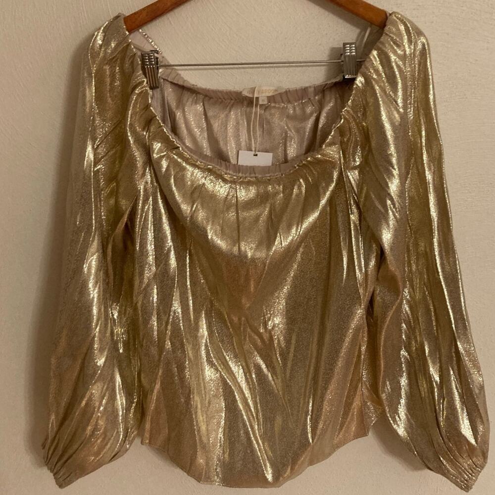 Ramy Brook Shimmering Esther Silk Lamé Off-Shoulder Blouse Gold Metallic XL $395 - Picture 5 of 5